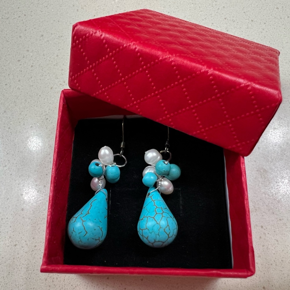 2 Items for 20! Turquoise and Pearl Dangle Earrings by a Thai Artisan